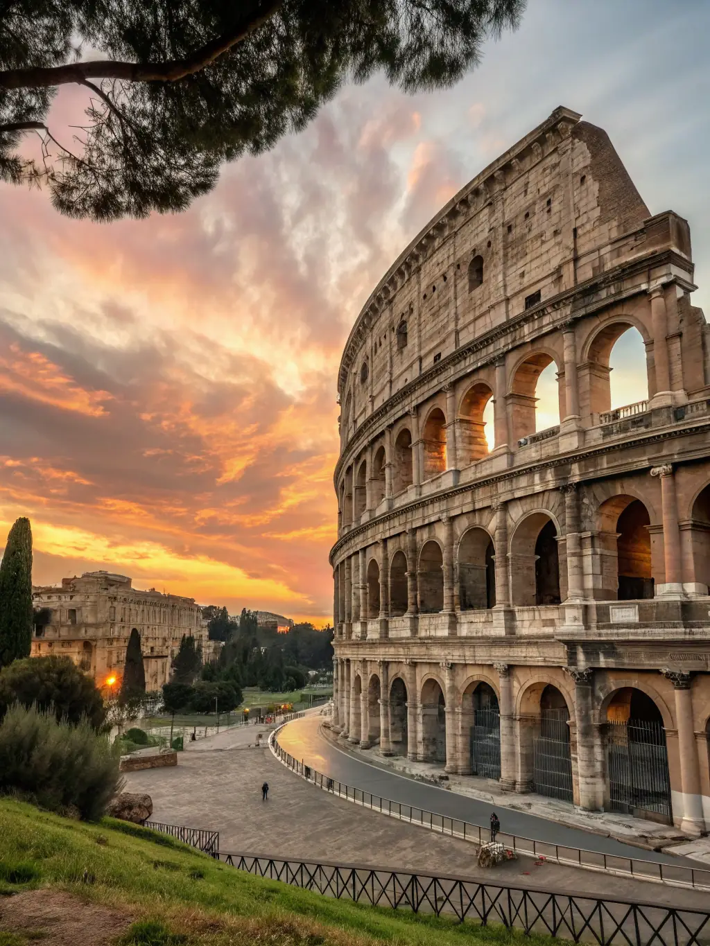 A stunning photograph of the Colosseum in Rome, bathed in golden light, symbolizing the historical significance of Rome as a featured destination on SkyGuidance.
