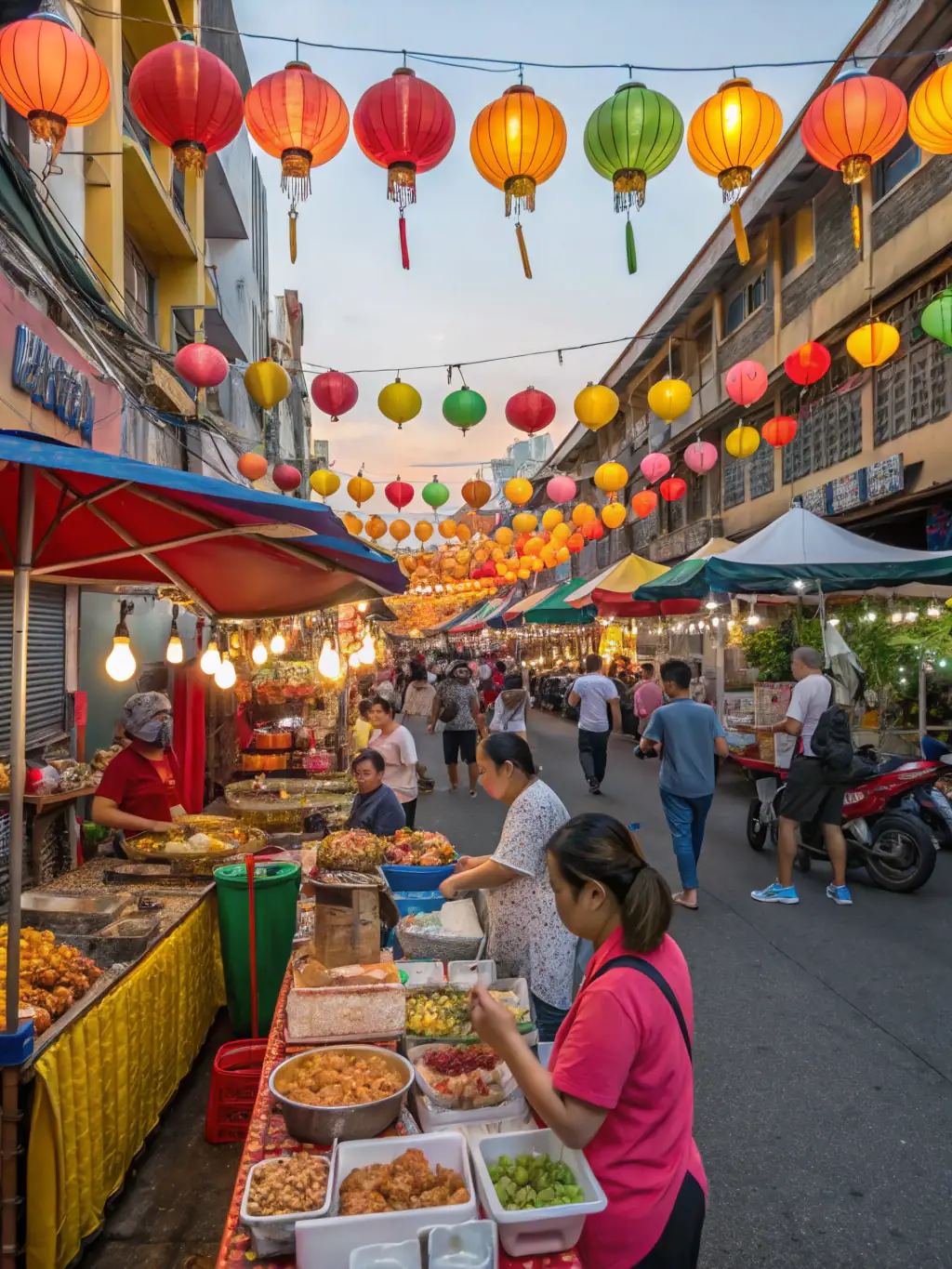 A lively image of a street food market in Bangkok, Thailand, showcasing the vibrant colors and flavors of Thai cuisine.