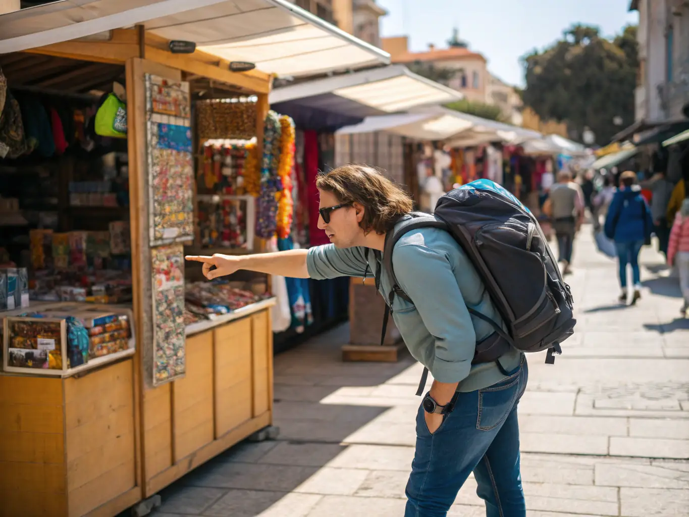 A traveler respectfully interacting with a local vendor in a bustling market, showcasing the importance of cultural sensitivity while traveling.