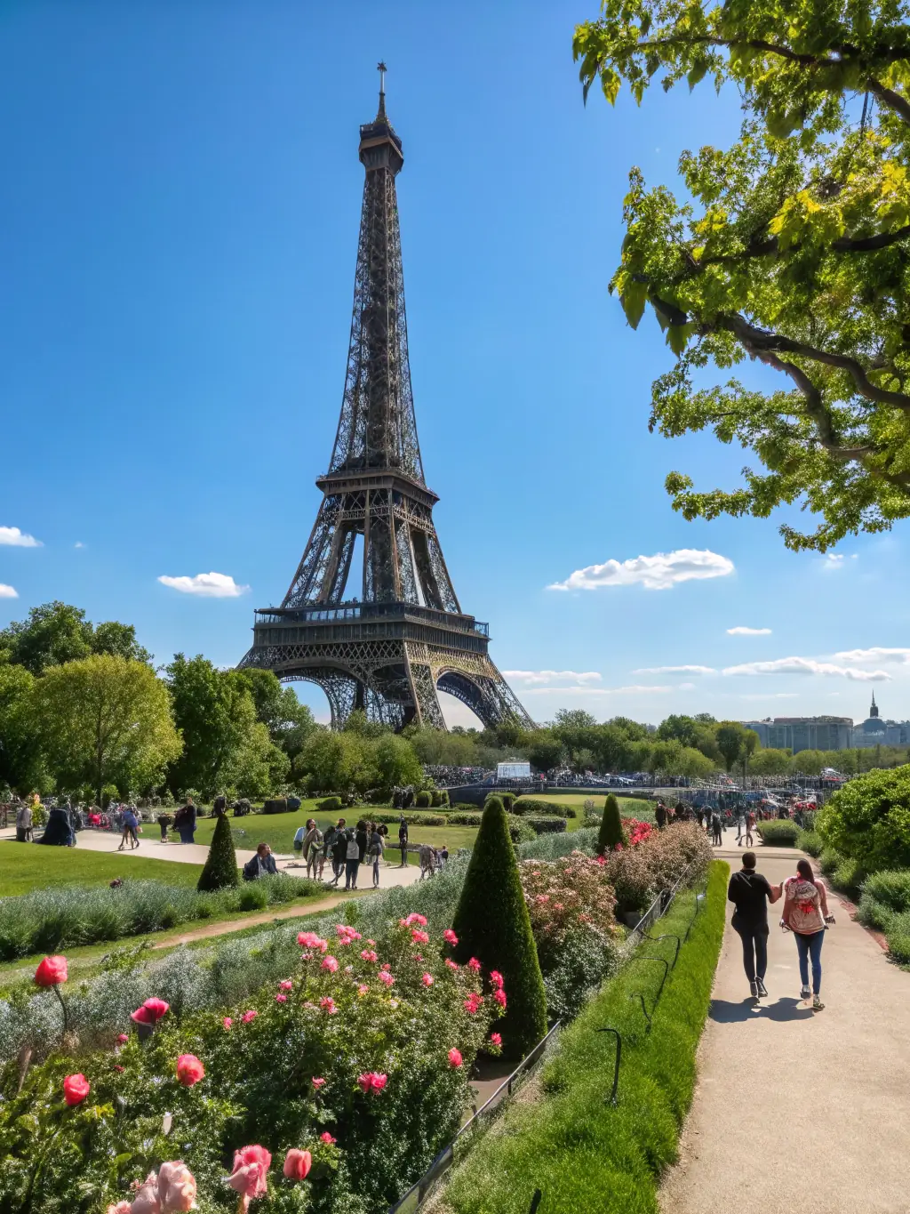 A vibrant image of the Eiffel Tower in Paris, with tourists enjoying a sunny day, capturing the essence of Parisian culture and landmarks.