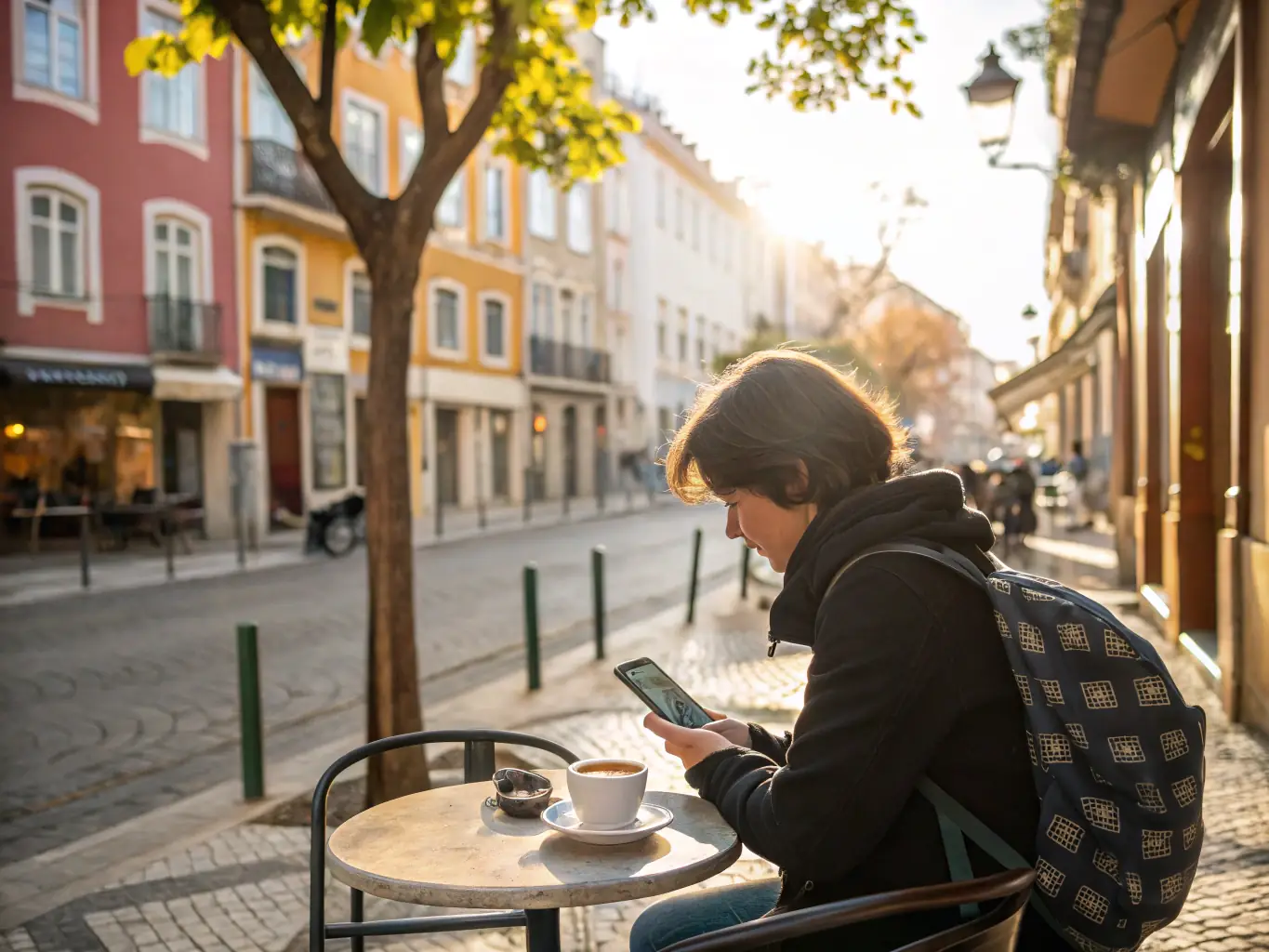 A person using a budgeting app on their smartphone while sitting at an outdoor cafe, illustrating how to manage travel expenses effectively.