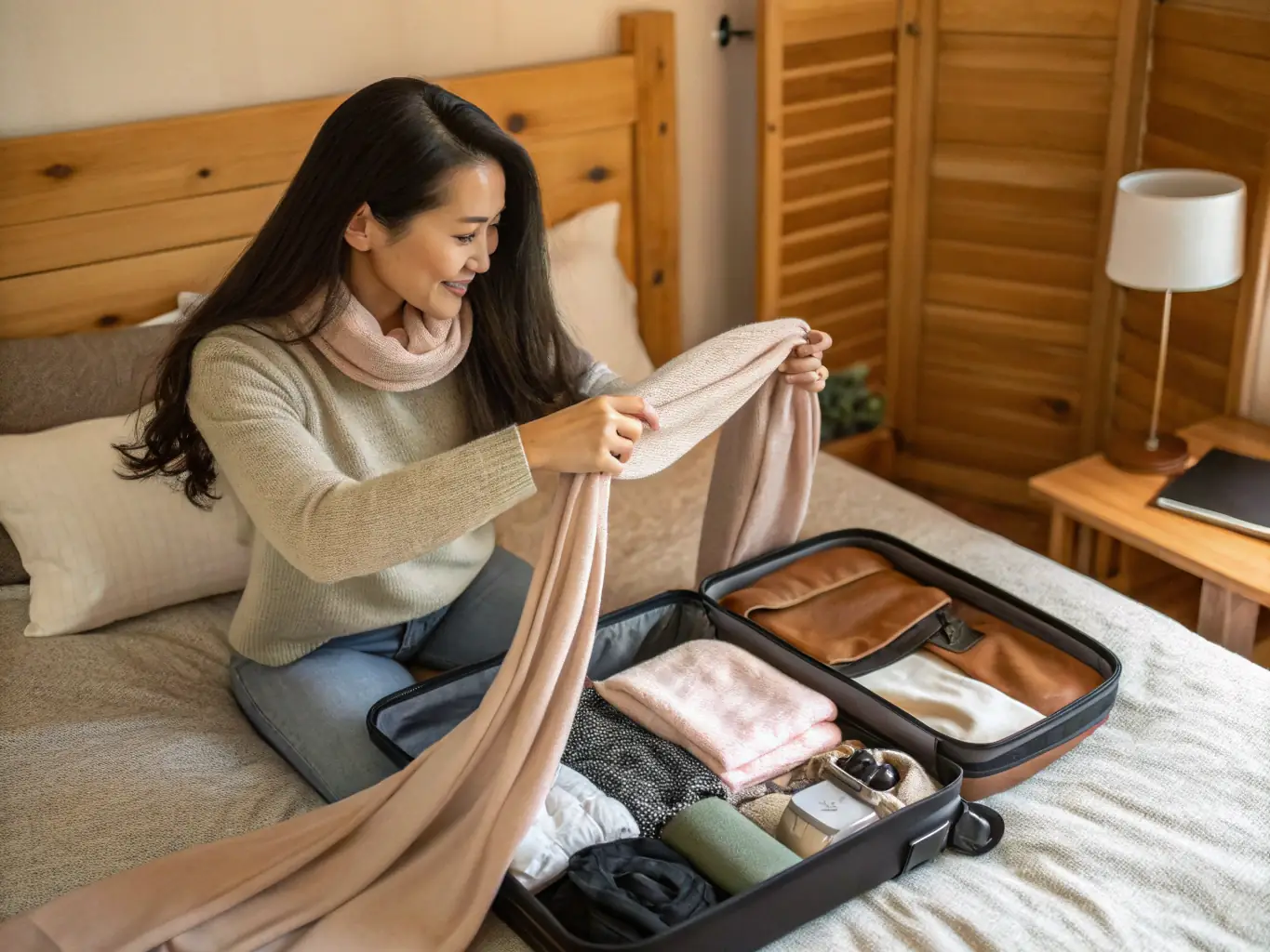 A traveler efficiently packing a suitcase with rolled clothes, demonstrating space-saving techniques for travel, set in a brightly lit room with travel accessories scattered around.